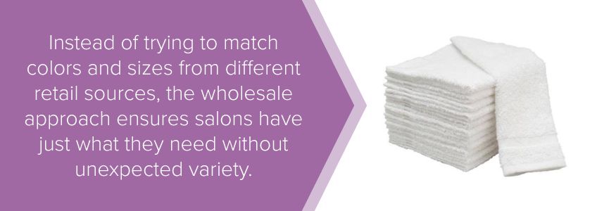 Instead of trying to match color and sizes from different retail sources, the wholesale approach ensures salons have just what they need without unexpected variety